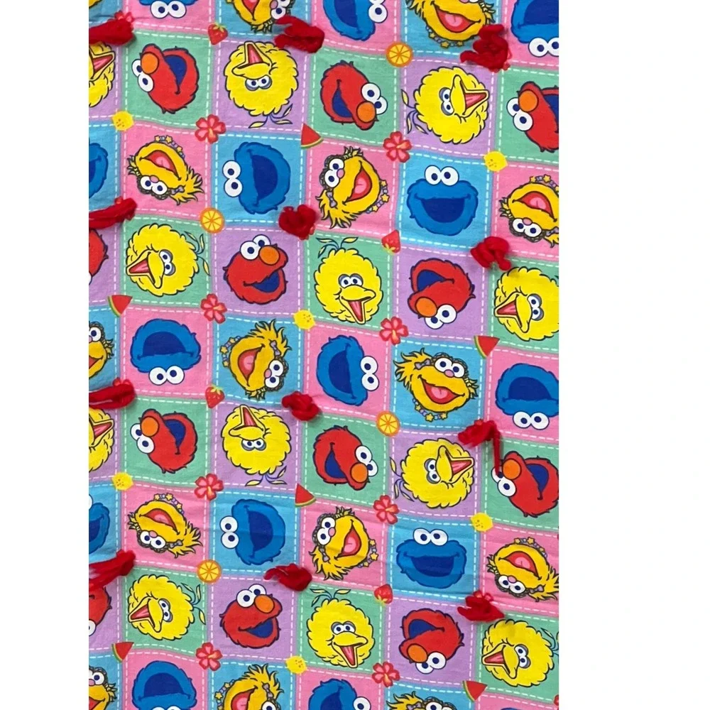 Vintage Sesame Street Handmade Quilt Hand Tied Elmo Big Bird 42x50 Red Backing